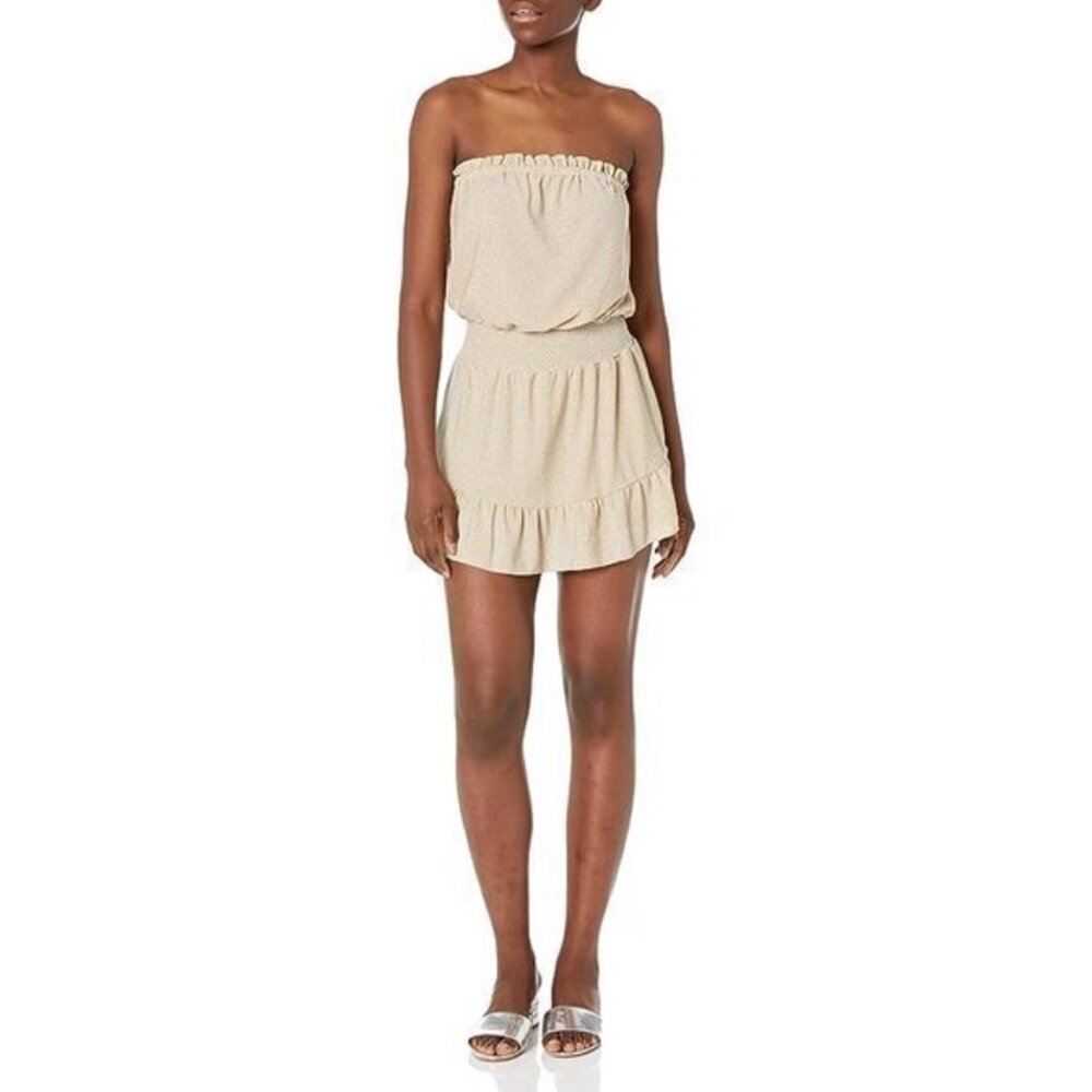 Ramy Brook Strapless Ruffle Hem Mini Dress in Beige